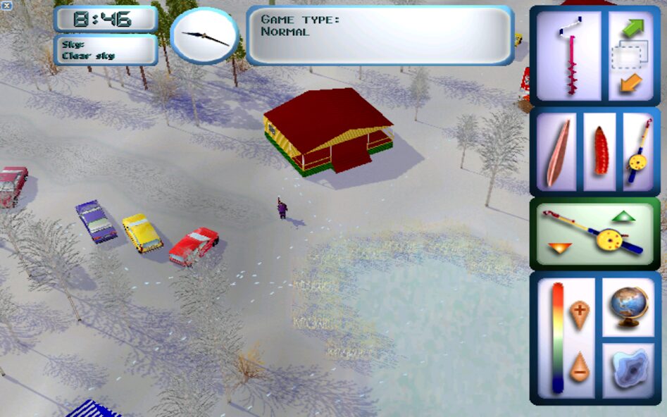 Store still of Pro Pilkki 2: a snowy lake, a red hut, and a side panel of fishing tools